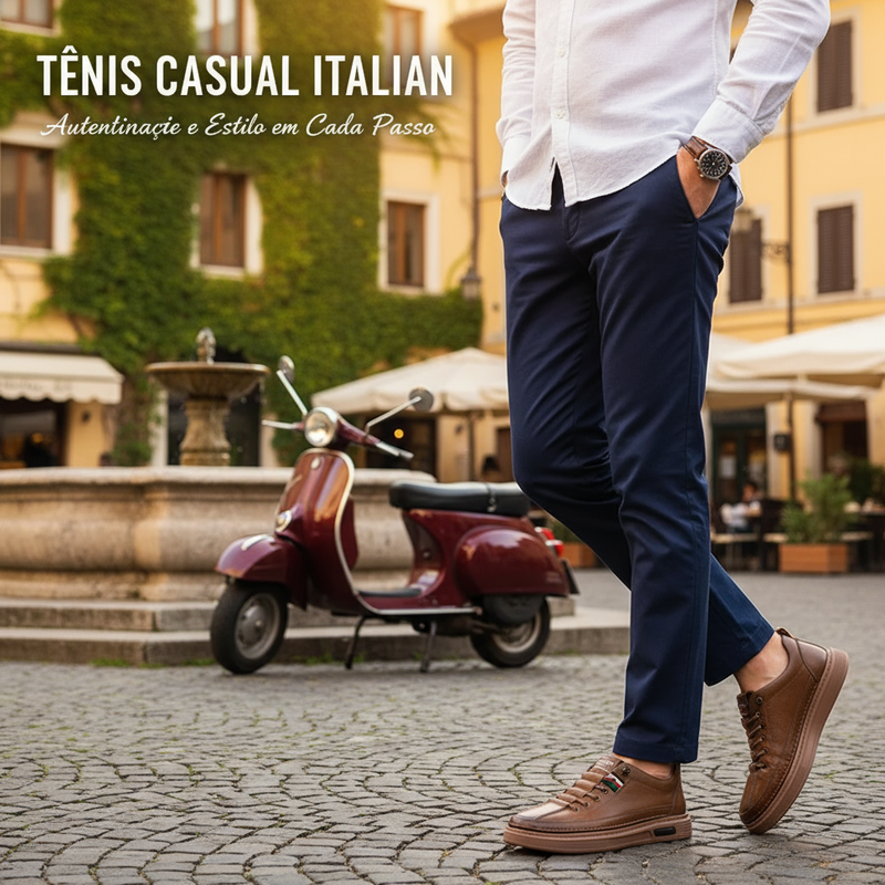 Tênis Casual Italian™ - de couro Legitimo + Relogio de Brinde