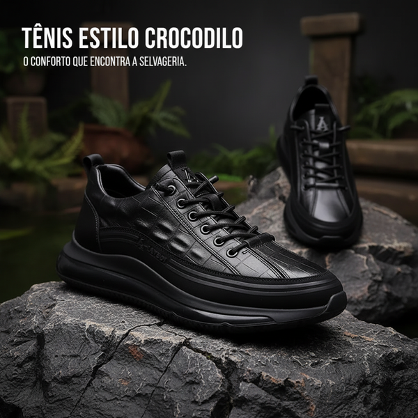 Tênis Masculino Estilo Couro De Crocodilo + Relogio de Brinde